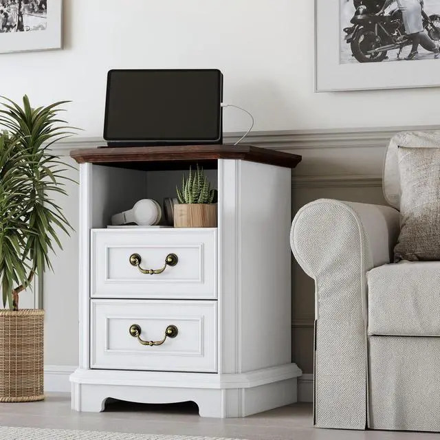 Alt view image 5 of 6 - 2-Drawer Dresser with Charging Station, Rustic Wooden Top Bedside Table with Natural Wood Texture, Vintage Storage Organizer Dresser for Bedroom, Hallway