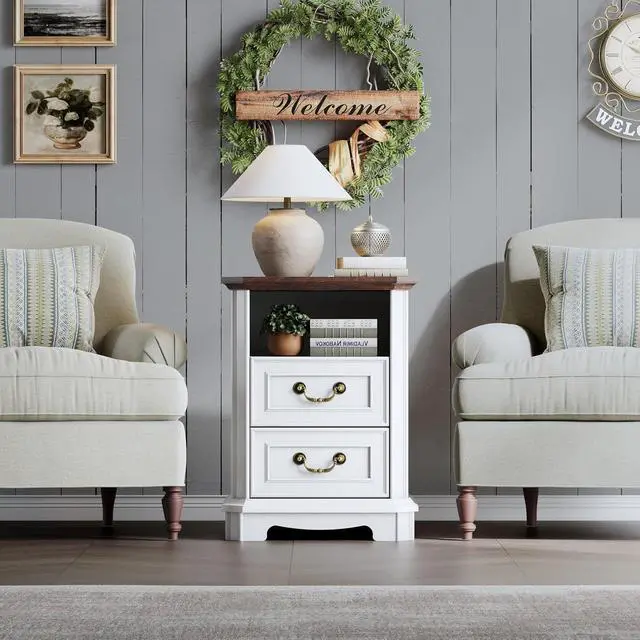 Alt view image 6 of 6 - 2-Drawer Dresser with Charging Station, Rustic Wooden Top Bedside Table with Natural Wood Texture, Vintage Storage Organizer Dresser for Bedroom, Hallway