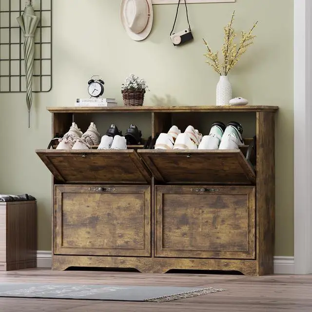 Main image of Large Shoe Cabinet for Entryway, 4 Flip Drawer Organizer with Adjustable Shelves, Wooden Slim Shoe Storage Cabinet and Rack for Closet, Hallway, Foyer