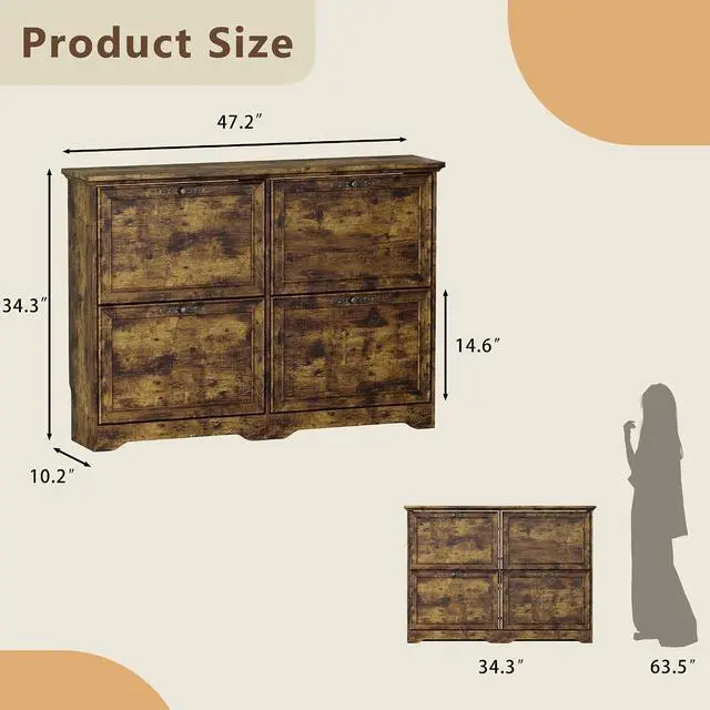 Alt view image 2 of 7 - Large Shoe Cabinet for Entryway, 4 Flip Drawer Organizer with Adjustable Shelves, Wooden Slim Shoe Storage Cabinet and Rack for Closet, Hallway, Foyer