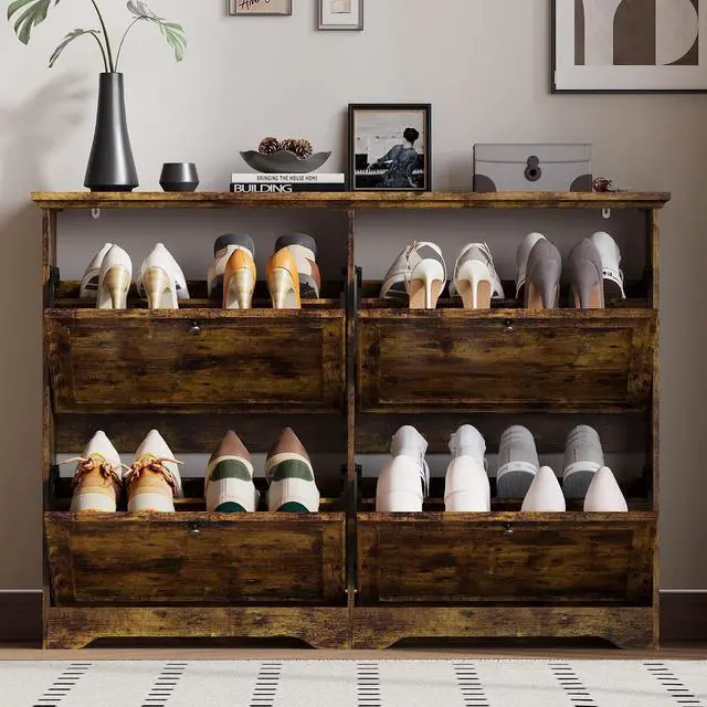 Alt view image 3 of 7 - Large Shoe Cabinet for Entryway, 4 Flip Drawer Organizer with Adjustable Shelves, Wooden Slim Shoe Storage Cabinet and Rack for Closet, Hallway, Foyer