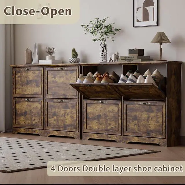 Alt view image 4 of 7 - Large Shoe Cabinet for Entryway, 4 Flip Drawer Organizer with Adjustable Shelves, Wooden Slim Shoe Storage Cabinet and Rack for Closet, Hallway, Foyer