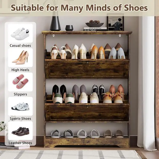 Alt view image 3 of 7 - Shoe Cabinet for Entryway, Slim Shoe Storage Cabinet with Adjustable Shelves, Wooden Rack and Organizer for Small Spaces, Closet, Foyer, Hallway