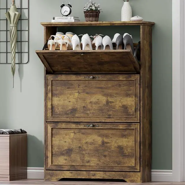 Main image of 3 Flips Shoe Cabinet for Entryway, Narrow Shoe Storage Cabinet with Adjustable Shelves, Wooden Space-Saving Organizer and Rack for Foyer, Closet, Hallway