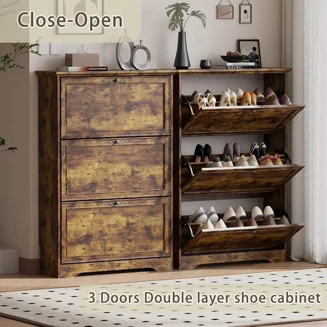 Alt view image 4 of 7 - 3 Flips Shoe Cabinet for Entryway, Narrow Shoe Storage Cabinet with Adjustable Shelves, Wooden Space-Saving Organizer and Rack for Foyer, Closet, Hallway