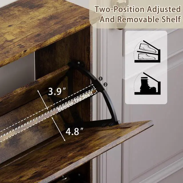 Alt view image 5 of 7 - 3 Flips Shoe Cabinet for Entryway, Narrow Shoe Storage Cabinet with Adjustable Shelves, Wooden Space-Saving Organizer and Rack for Foyer, Closet, Hallway