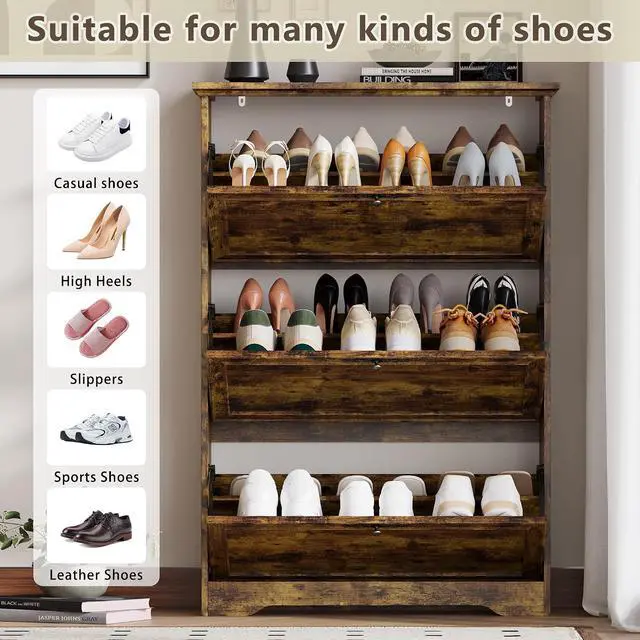 Alt view image 3 of 7 - 3 Flips Shoe Cabinet for Entryway, Narrow Shoe Storage Cabinet with Adjustable Shelves, Wooden Space-Saving Organizer and Rack for Foyer, Closet, Hallway