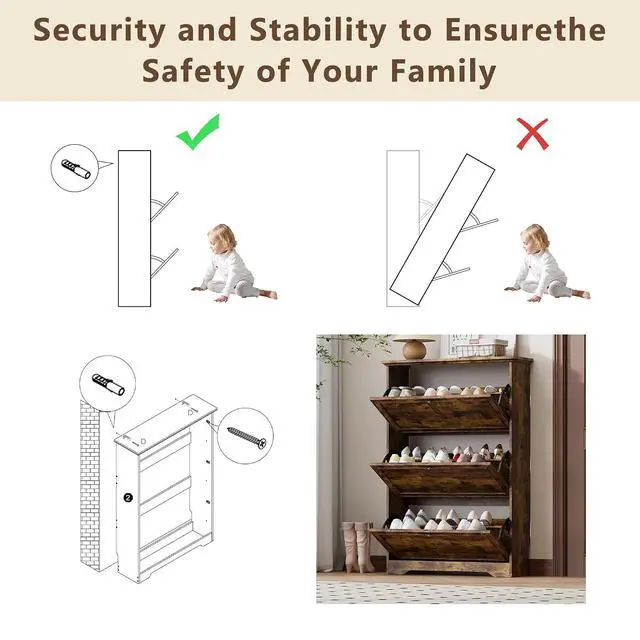 Alt view image 7 of 7 - 3 Flips Shoe Cabinet for Entryway, Narrow Shoe Storage Cabinet with Adjustable Shelves, Wooden Space-Saving Organizer and Rack for Foyer, Closet, Hallway