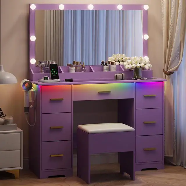 Main image of Makeup Vanity with Large Lighted Mirror and Chair, 7 Drawers Vanity Makeup Desk Table with Power Strip, Adjustable Lighting, and Cushioned Storage Stool for Women, Girls