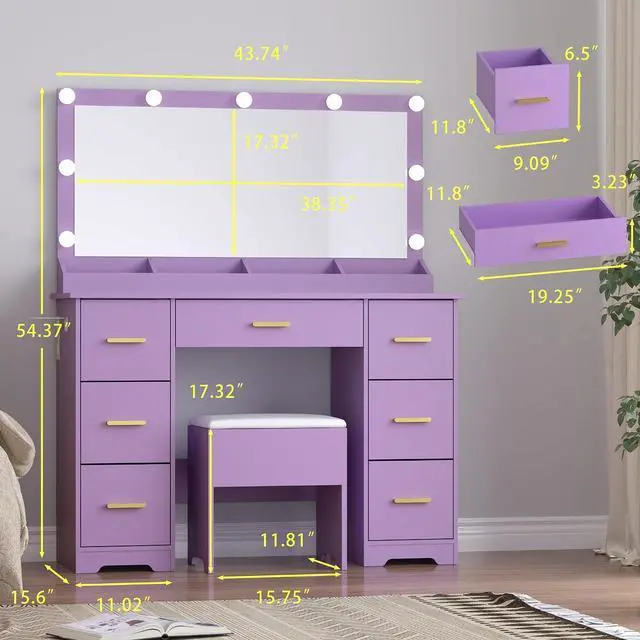 Alt view image 2 of 7 - Makeup Vanity with Large Lighted Mirror and Chair, 7 Drawers Vanity Makeup Desk Table with Power Strip, Adjustable Lighting, and Cushioned Storage Stool for Women, Girls