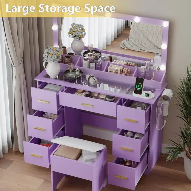 Alt view image 3 of 7 - Makeup Vanity with Large Lighted Mirror and Chair, 7 Drawers Vanity Makeup Desk Table with Power Strip, Adjustable Lighting, and Cushioned Storage Stool for Women, Girls