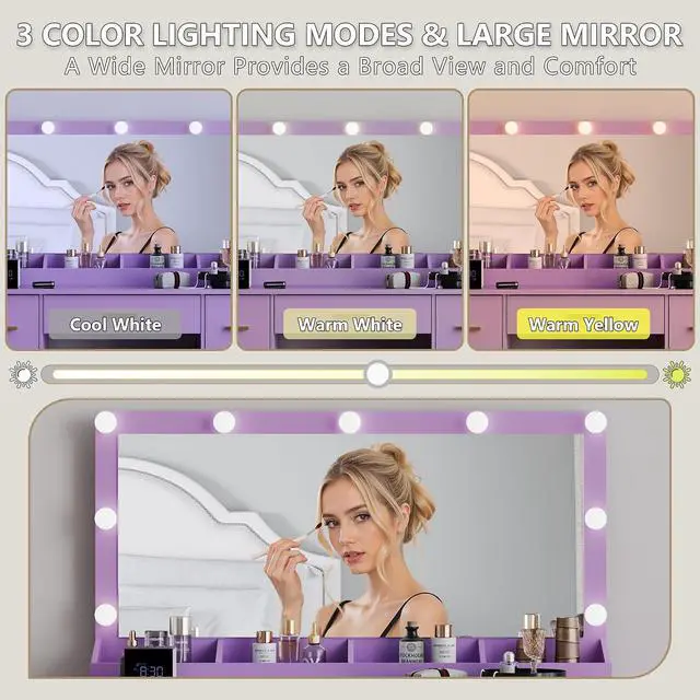 Alt view image 4 of 7 - Makeup Vanity with Large Lighted Mirror and Chair, 7 Drawers Vanity Makeup Desk Table with Power Strip, Adjustable Lighting, and Cushioned Storage Stool for Women, Girls