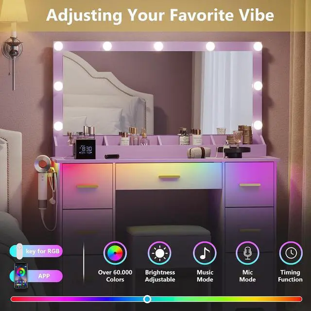 Alt view image 5 of 7 - Makeup Vanity with Large Lighted Mirror and Chair, 7 Drawers Vanity Makeup Desk Table with Power Strip, Adjustable Lighting, and Cushioned Storage Stool for Women, Girls