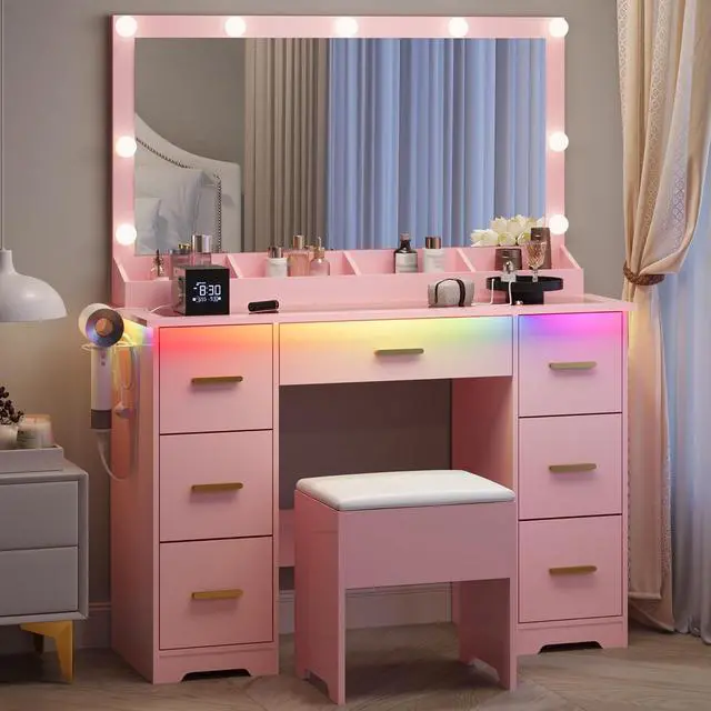 Main image of Makeup Vanity with Large Lighted Mirror and Chair, 7 Drawers Vanity Makeup Desk Table with Power Strip, Adjustable Lighting, and Cushioned Storage Stool for Women, Girls