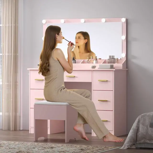 Alt view image 2 of 7 - Makeup Vanity with Large Lighted Mirror and Chair, 7 Drawers Vanity Makeup Desk Table with Power Strip, Adjustable Lighting, and Cushioned Storage Stool for Women, Girls