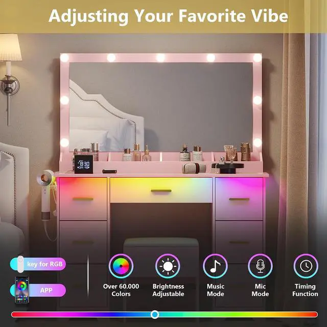 Alt view image 4 of 7 - Makeup Vanity with Large Lighted Mirror and Chair, 7 Drawers Vanity Makeup Desk Table with Power Strip, Adjustable Lighting, and Cushioned Storage Stool for Women, Girls