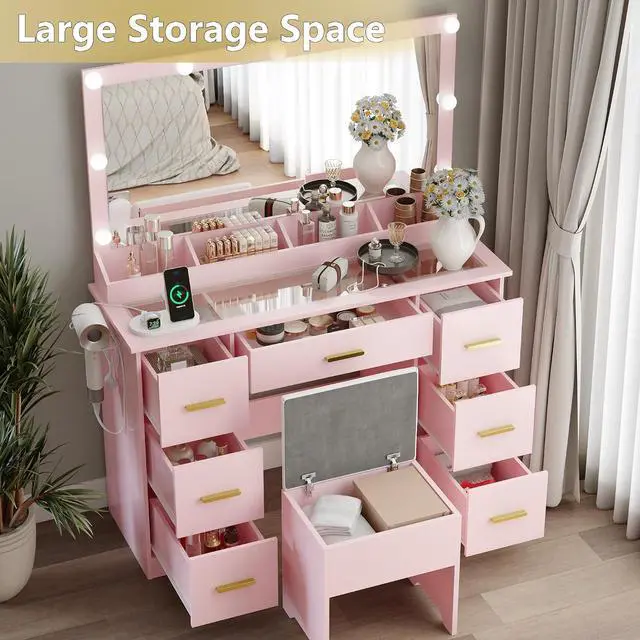 Alt view image 5 of 7 - Makeup Vanity with Large Lighted Mirror and Chair, 7 Drawers Vanity Makeup Desk Table with Power Strip, Adjustable Lighting, and Cushioned Storage Stool for Women, Girls