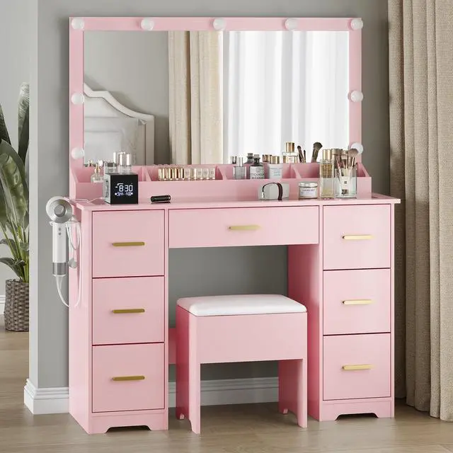 Alt view image 6 of 7 - Makeup Vanity with Large Lighted Mirror and Chair, 7 Drawers Vanity Makeup Desk Table with Power Strip, Adjustable Lighting, and Cushioned Storage Stool for Women, Girls