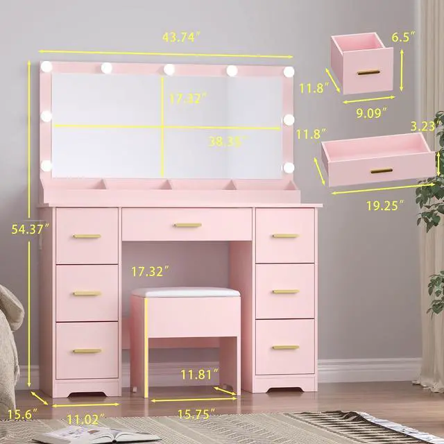Alt view image 7 of 7 - Makeup Vanity with Large Lighted Mirror and Chair, 7 Drawers Vanity Makeup Desk Table with Power Strip, Adjustable Lighting, and Cushioned Storage Stool for Women, Girls