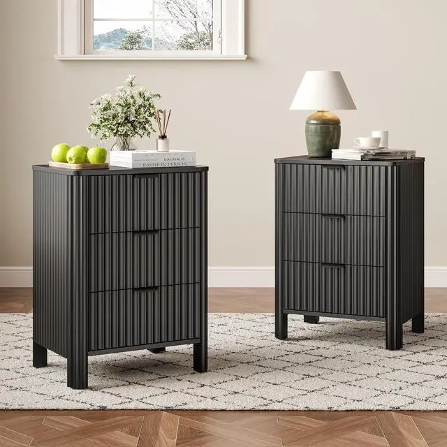 Main image of Fluted Nightstands Set of 2 with 3 Drawers, 19.69 Inch Each Wood Bedside Tables, Modern Side Tables for Bedroom