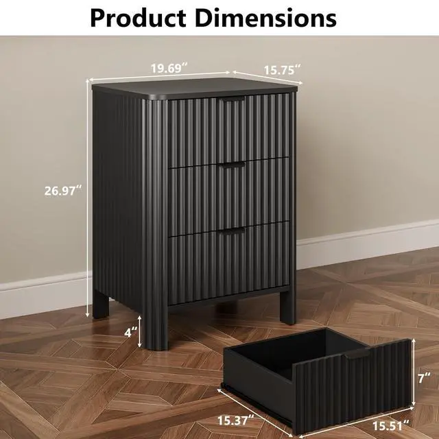 Alt view image 2 of 7 - Fluted Nightstands Set of 2 with 3 Drawers, 19.69 Inch Each Wood Bedside Tables, Modern Side Tables for Bedroom