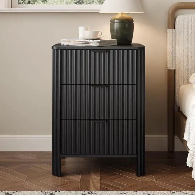 Alt view image 3 of 7 - Fluted Nightstands Set of 2 with 3 Drawers, 19.69 Inch Each Wood Bedside Tables, Modern Side Tables for Bedroom