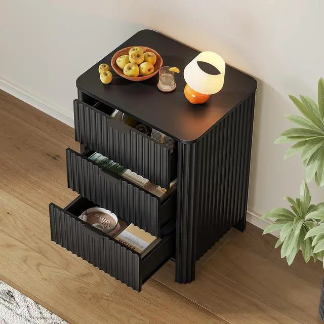 Alt view image 4 of 7 - Fluted Nightstands Set of 2 with 3 Drawers, 19.69 Inch Each Wood Bedside Tables, Modern Side Tables for Bedroom