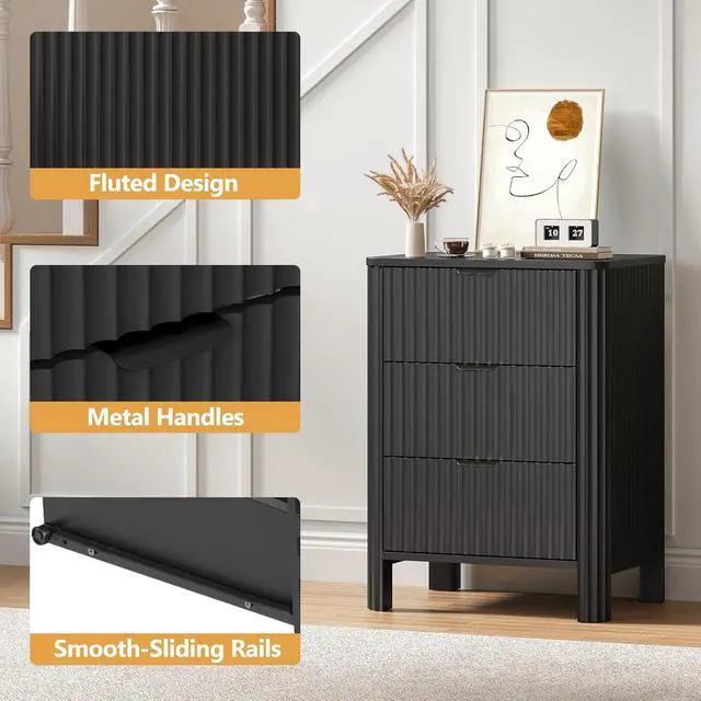 Alt view image 5 of 7 - Fluted Nightstands Set of 2 with 3 Drawers, 19.69 Inch Each Wood Bedside Tables, Modern Side Tables for Bedroom