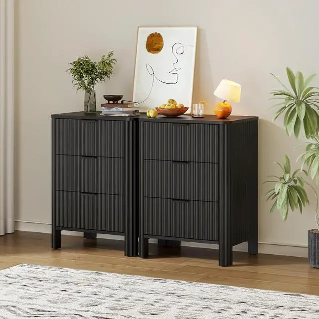 Alt view image 7 of 7 - Fluted Nightstands Set of 2 with 3 Drawers, 19.69 Inch Each Wood Bedside Tables, Modern Side Tables for Bedroom