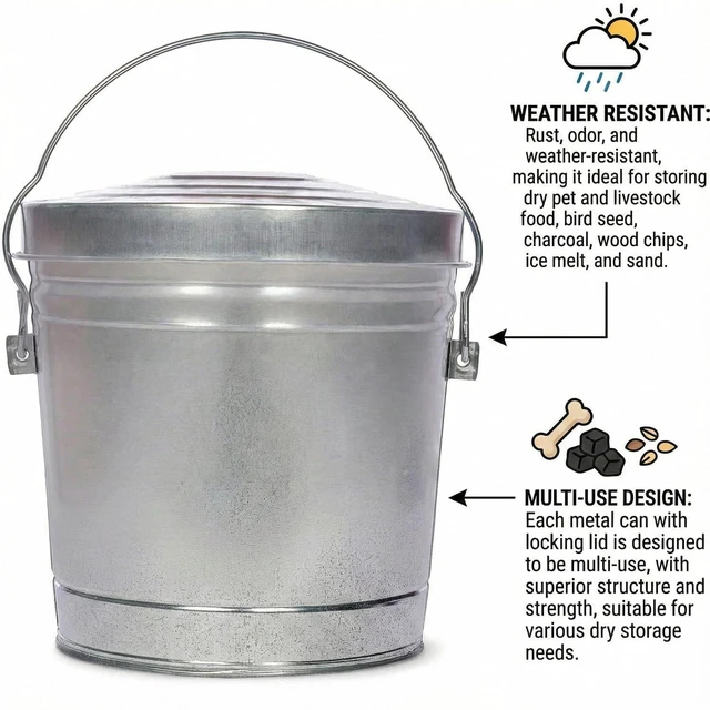 Alt view image 2 of 7 - 6 Gallon Galvanized Steel Storage Can,Round Trash Can,Bin w/Locking Lid & Handle,Durable Metal Container for Food-for Food, Pet Food, Dry Goods & More