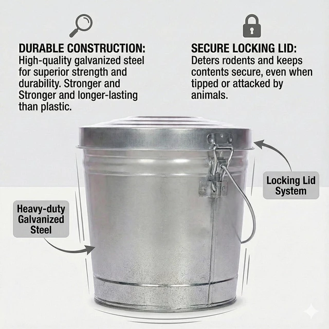 Alt view image 3 of 7 - 6 Gallon Galvanized Steel Storage Can,Round Trash Can,Bin w/Locking Lid & Handle,Durable Metal Container for Food-for Food, Pet Food, Dry Goods & More