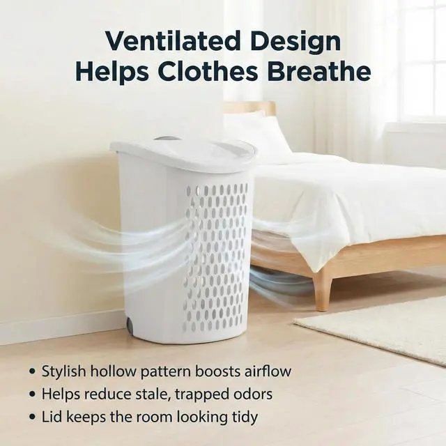 Alt view image 4 of 7 - Wheeled Plastic Laundry Hamper,135 L Sized Plastic Laundry Basket Large Rolling Laundry Hamper with Lid Pull Handle & Side Grips Ventilated Clothes Basket for Home, Dorm, or Apartment