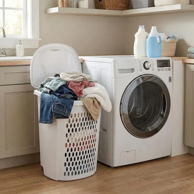 Alt view image 6 of 7 - Wheeled Plastic Laundry Hamper,135 L Sized Plastic Laundry Basket Large Rolling Laundry Hamper with Lid Pull Handle & Side Grips Ventilated Clothes Basket for Home, Dorm, or Apartment