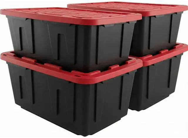 Main image of 27 Gal Industrial Tote,4 Pack Plastic Storage Bins with Lids Tough Large Storage Bin,Black with Red Lid Plastic Storage,Stackable & Nestable for Garage, Basement, or Outdoor (4 Pack)