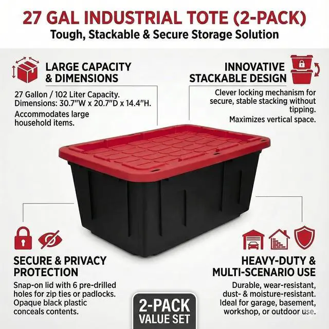 Alt view image 2 of 7 - 27 Gal Industrial Tote,4 Pack Plastic Storage Bins with Lids Tough Large Storage Bin,Black with Red Lid Plastic Storage,Stackable & Nestable for Garage, Basement, or Outdoor (4 Pack)
