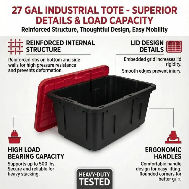 Alt view image 3 of 7 - 27 Gal Industrial Tote,4 Pack Plastic Storage Bins with Lids Tough Large Storage Bin,Black with Red Lid Plastic Storage,Stackable & Nestable for Garage, Basement, or Outdoor (4 Pack)