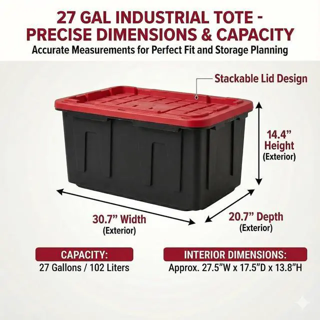 Alt view image 5 of 7 - 27 Gal Industrial Tote,4 Pack Plastic Storage Bins with Lids Tough Large Storage Bin,Black with Red Lid Plastic Storage,Stackable & Nestable for Garage, Basement, or Outdoor (4 Pack)
