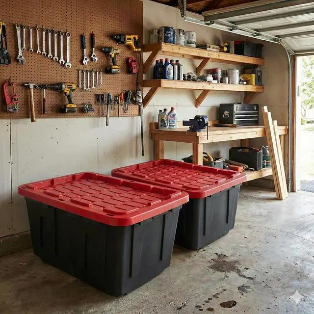 Alt view image 7 of 7 - 27 Gal Industrial Tote,4 Pack Plastic Storage Bins with Lids Tough Large Storage Bin,Black with Red Lid Plastic Storage,Stackable & Nestable for Garage, Basement, or Outdoor (4 Pack)