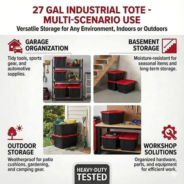 Alt view image 4 of 7 - 27 Gal Industrial Tote,4 Pack Plastic Storage Bins with Lids Tough Large Storage Bin,Black with Red Lid Plastic Storage,Stackable & Nestable for Garage, Basement, or Outdoor (4 Pack)