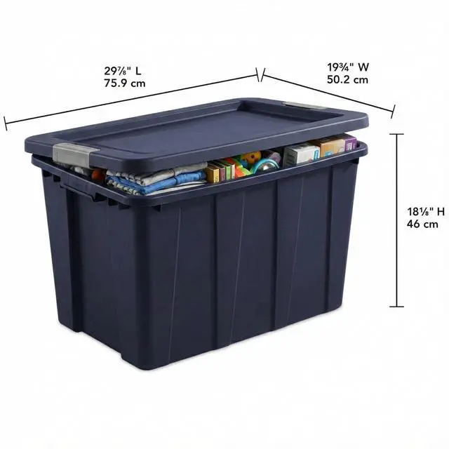 Alt view image 3 of 7 - 30 Gallon Tuff1 Storage Tote,Stackable Bin with Latch Lid,Dark Blue Tuff1Tote Rugged Plastic Bin,Plastic Containers for Organizing Garages, Basements