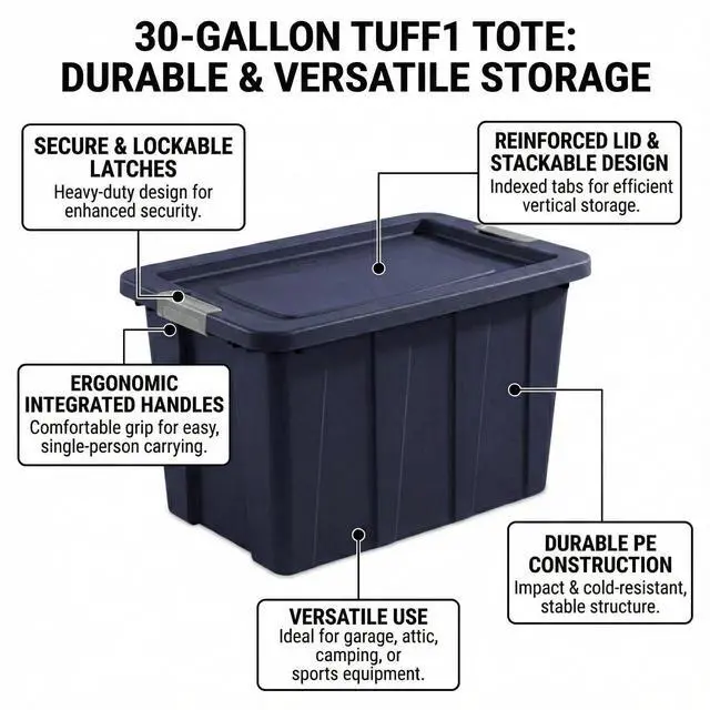 Alt view image 4 of 7 - 30 Gallon Tuff1 Storage Tote,Stackable Bin with Latch Lid,Dark Blue Tuff1Tote Rugged Plastic Bin,Plastic Containers for Organizing Garages, Basements