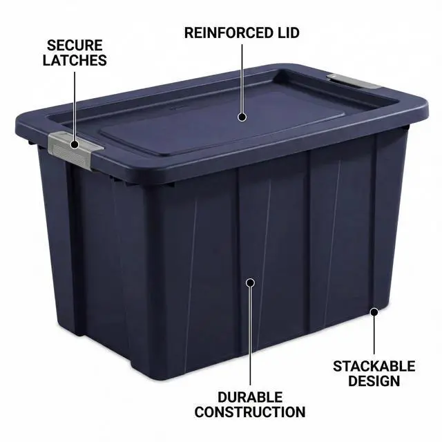 Alt view image 2 of 7 - 30 Gallon Tuff1 Storage Tote,Stackable Bin with Latch Lid,Dark Blue Tuff1Tote Rugged Plastic Bin,Plastic Containers for Organizing Garages, Basements
