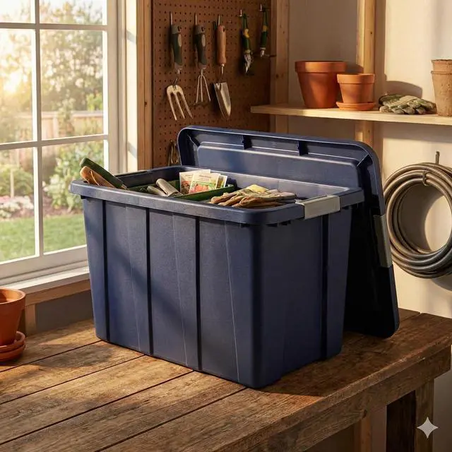 Alt view image 7 of 7 - 30 Gallon Tuff1 Storage Tote,Stackable Bin with Latch Lid,Dark Blue Tuff1Tote Rugged Plastic Bin,Plastic Containers for Organizing Garages, Basements