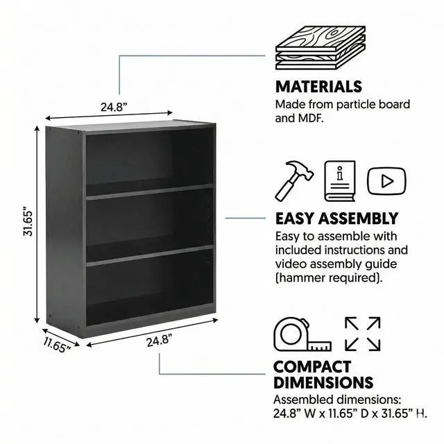 Alt view image 3 of 7 - 3 Tier Bookcase,Open Book Shelf with Adjustable Shelves, Black Bookshelf for Home Office, Living Room, Bed Room (True Black Oak)