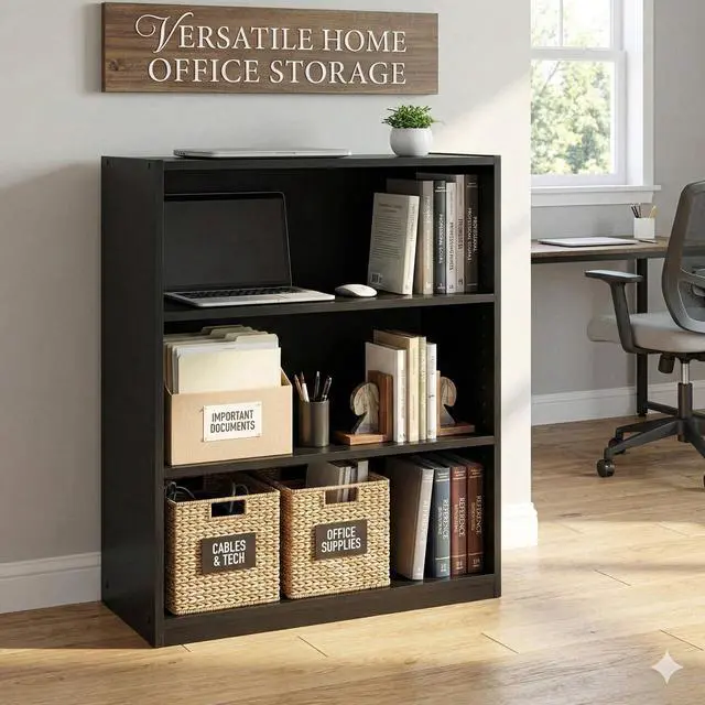 Alt view image 2 of 7 - 3 Tier Bookcase,Open Book Shelf with Adjustable Shelves, Black Bookshelf for Home Office, Living Room, Bed Room (True Black Oak)