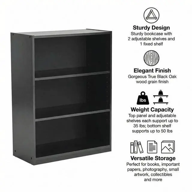 Alt view image 5 of 7 - 3 Tier Bookcase,Open Book Shelf with Adjustable Shelves, Black Bookshelf for Home Office, Living Room, Bed Room (True Black Oak)