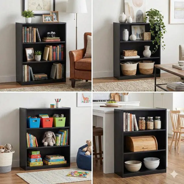 Alt view image 4 of 7 - 3 Tier Bookcase,Open Book Shelf with Adjustable Shelves, Black Bookshelf for Home Office, Living Room, Bed Room (True Black Oak)