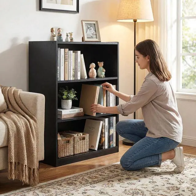 Alt view image 6 of 7 - 3 Tier Bookcase,Open Book Shelf with Adjustable Shelves, Black Bookshelf for Home Office, Living Room, Bed Room (True Black Oak)