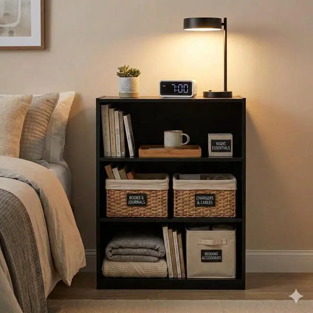 Alt view image 7 of 7 - 3 Tier Bookcase,Open Book Shelf with Adjustable Shelves, Black Bookshelf for Home Office, Living Room, Bed Room (True Black Oak)