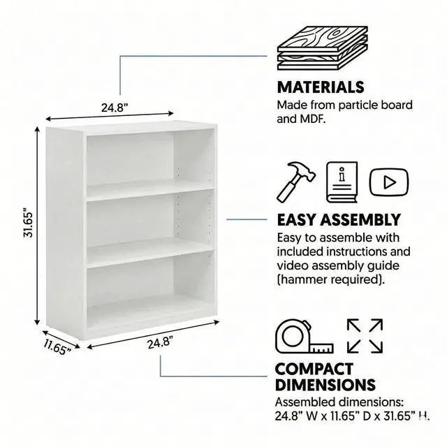 Alt view image 3 of 7 - 3 Tier Bookcase,Open Book Shelf with Adjustable Shelves, Bookshelf for Home Office, Living Room, Bed Room (White)